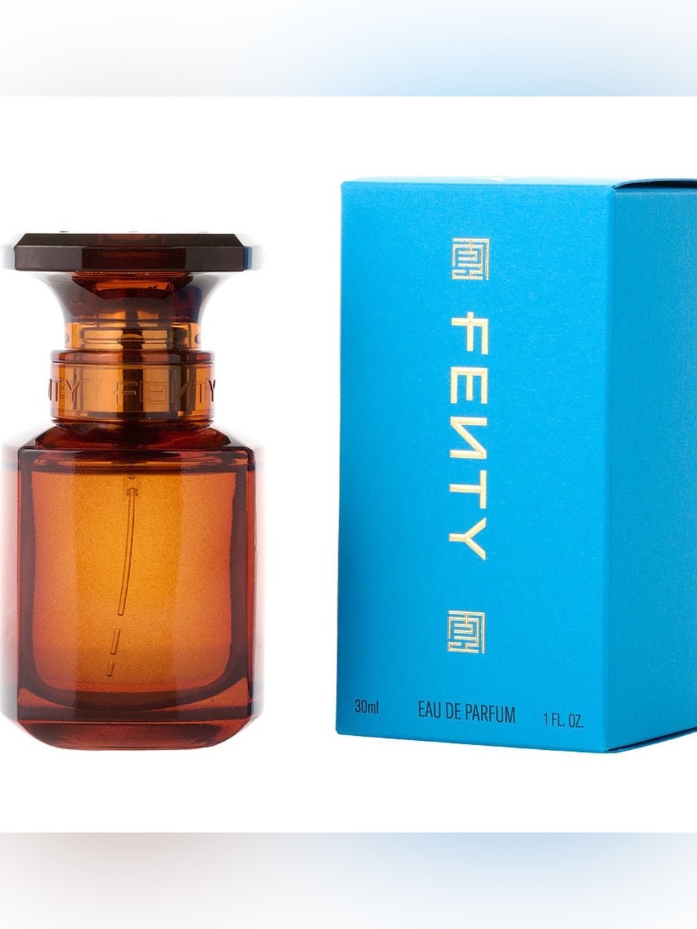 Fenty Beauty Amber Brown Bottle with Bright Blue Box